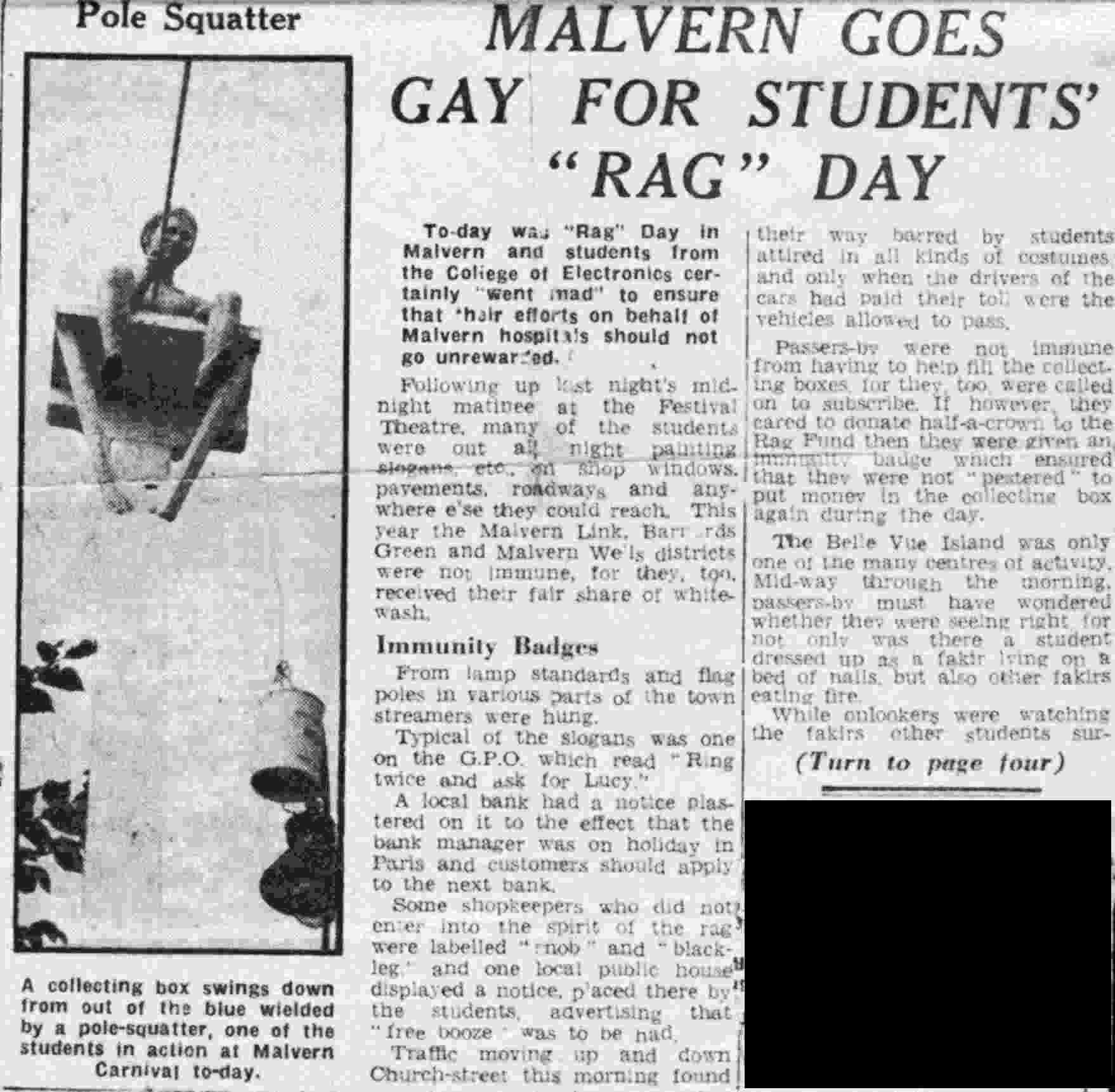 Pole Squat '56. I made the pole,
and persuaded Les Arnett to sit on it all morning.
(This I tore out from the local paper, there is an advert on
the back for a Bungalow priced at �750!)