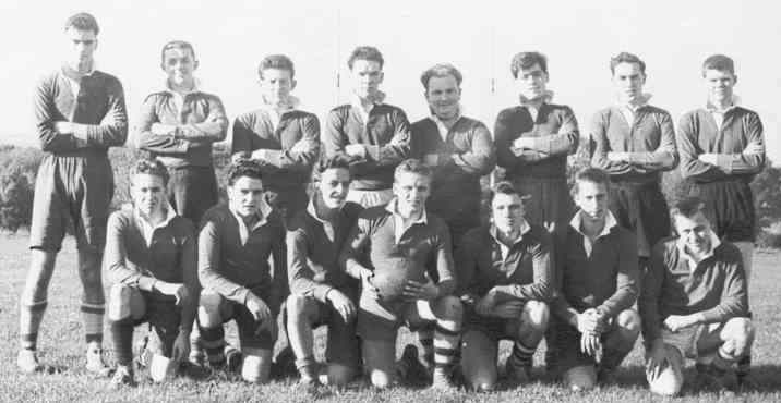 Rugby Team 56-57
Top row:  Dave Battye, John 'Conks' Evans, Peter A. M. 'Pam'  Bates,
John 'Taff' Lewis,  Brian Hackley, Neville Owen, Pete Tyson.
Bottom Row: Jacky Eldridge, John Dowell, Jackie Roberts, Pete Small (Capt),
Don A Thomas, Ken Sinden, Mike Dixon.