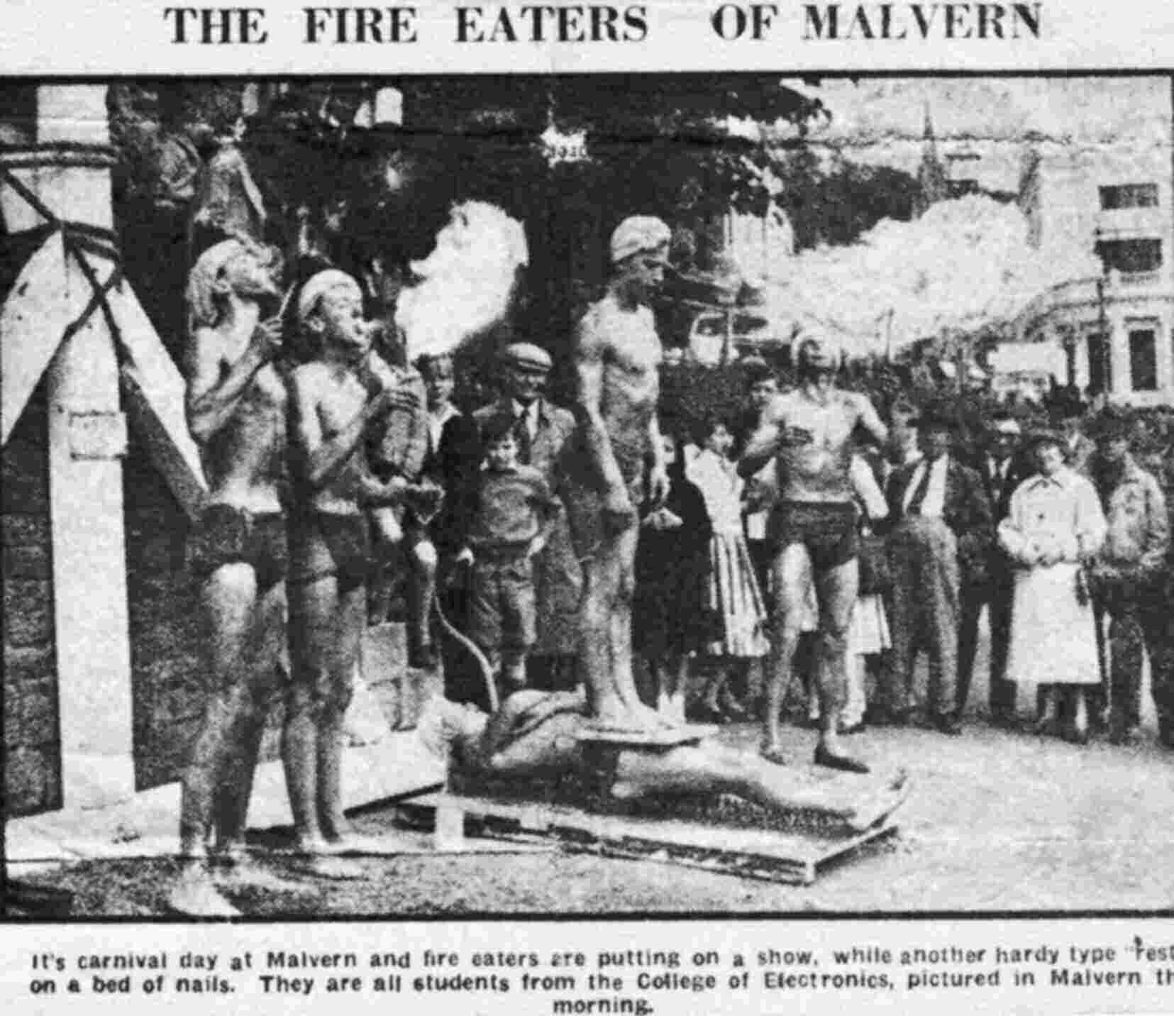The Silly Fakirs '56
(or something like that we were called!).  Real fire,
real nails, no padding.
From the left: Mike Barrett or P G Clarke, Steve Phillips,
Ken Sinden standing on Mike Dixon, and 'Frankie' Lane