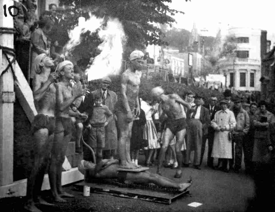 Fire Eaters
See Mike Dixon's Photos - First Year of the Rag - for more info on this one. Ken Sinden standing on the body