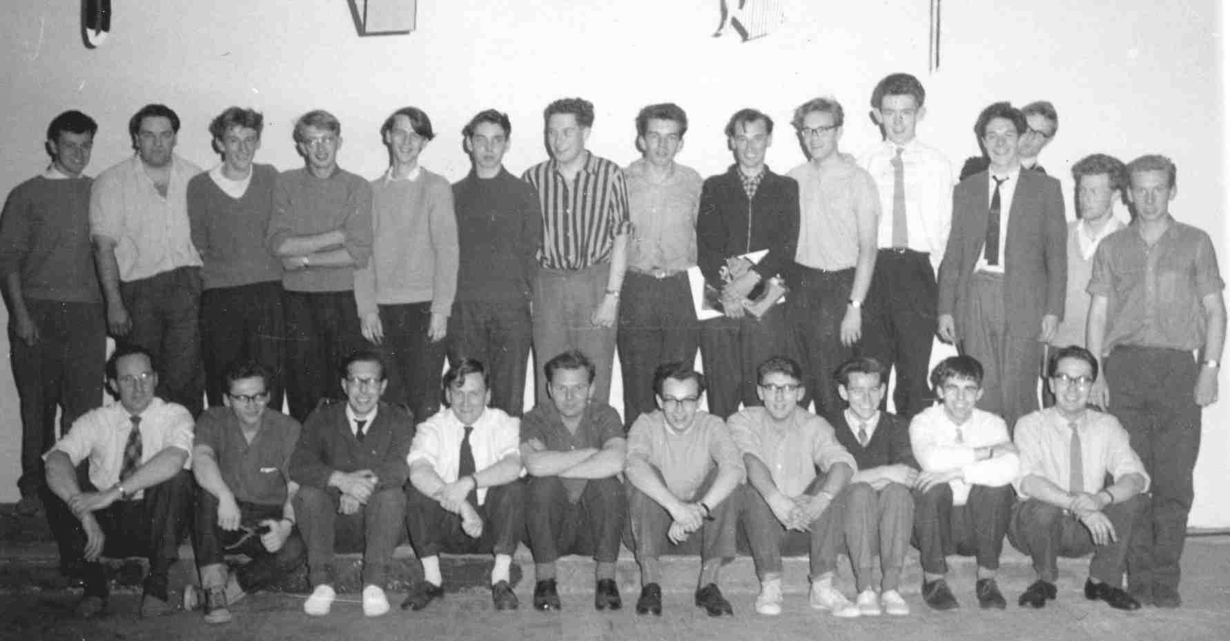 Stage Staff1962
The back stage staff for the revue in 1962
Personel Top Row 1? 2 Trevor Jones
3 Brian Firth? 4?
5 Pete Gay 6? 7? 8 Paul Burbidge?  9? 10?
11 Clive Cheadle  12 Dave Harries
13 Martin Richardson?  14 Pete Loach
15 Hugh Nightingale
Front Row 1? 2? 3? 4? 5? 6? 7? 8 ?
9 Keith Richardson  10?