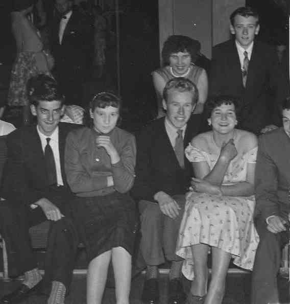 This is at a rag dance and goes: L to R
Front: I can't believe his name's gone from my brain,
Anne Sheridan,Dave Duck, Hazel Fletcher, Dougie ?
Back: ??, Peter 