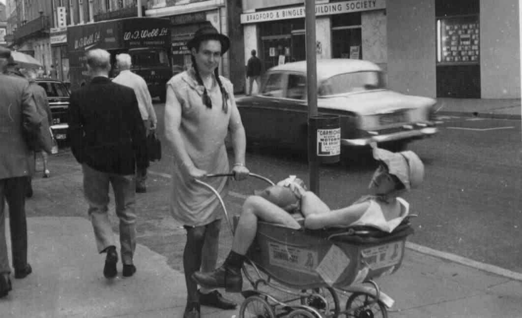 Rag week - Ian Maiden Showing some leg and Nick Pearce in the pram