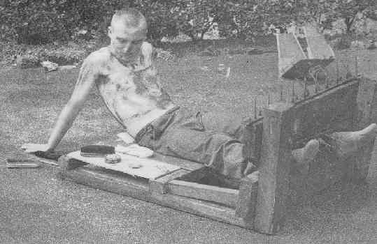 Pete Small doing penance after the shoe cleaning scam.  He offered an overnight shoe cleaning service whereupon he hid the lot up on the hills.  As most apprentices only afforded one pair of shoes, this caused many problems and he was duly punished for his misdeeds.
